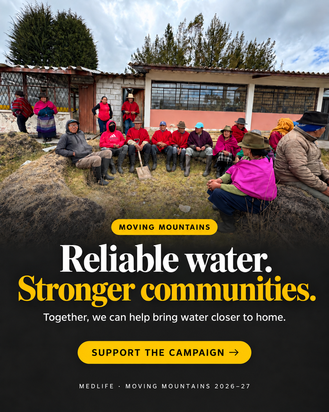 Shareable graphic: community members gathered at a meeting in an Andean community with the words Reliable water. Stronger communities.