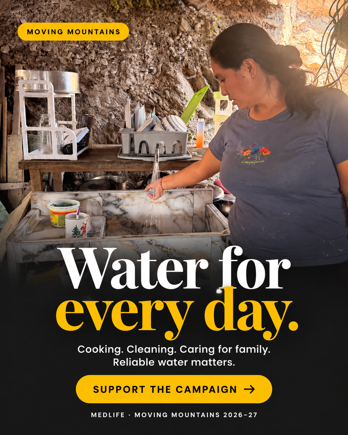 Shareable graphic: a mother washing dishes at her outdoor kitchen sink in a hillside community with the words Water for every day