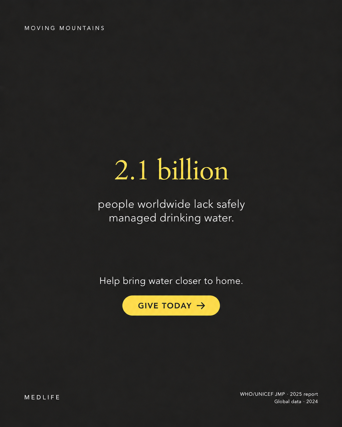 Shareable graphic on a dark background with the words 2.1 billion people worldwide lack safely managed drinking water