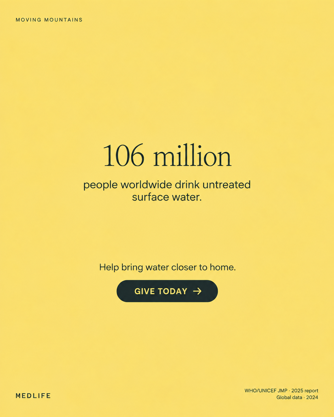Shareable graphic on a yellow background with the words 106 million people worldwide drink untreated surface water