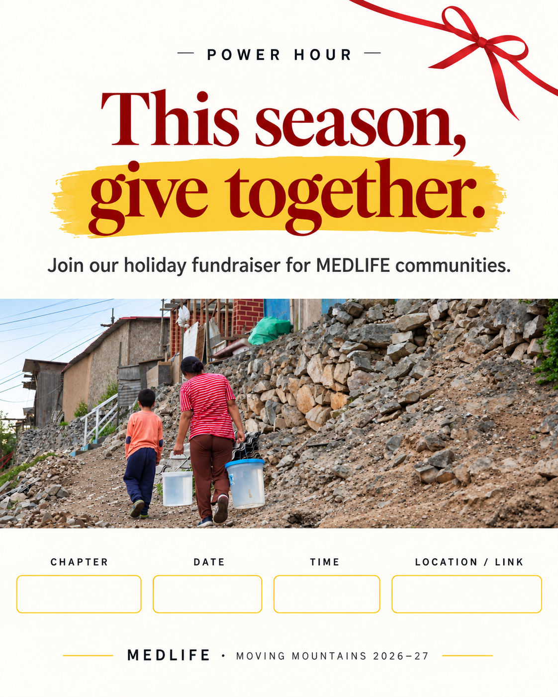 Shareable Power Hour graphic: a mother and her son carrying water buckets up a rocky hillside path with the words This season, give together