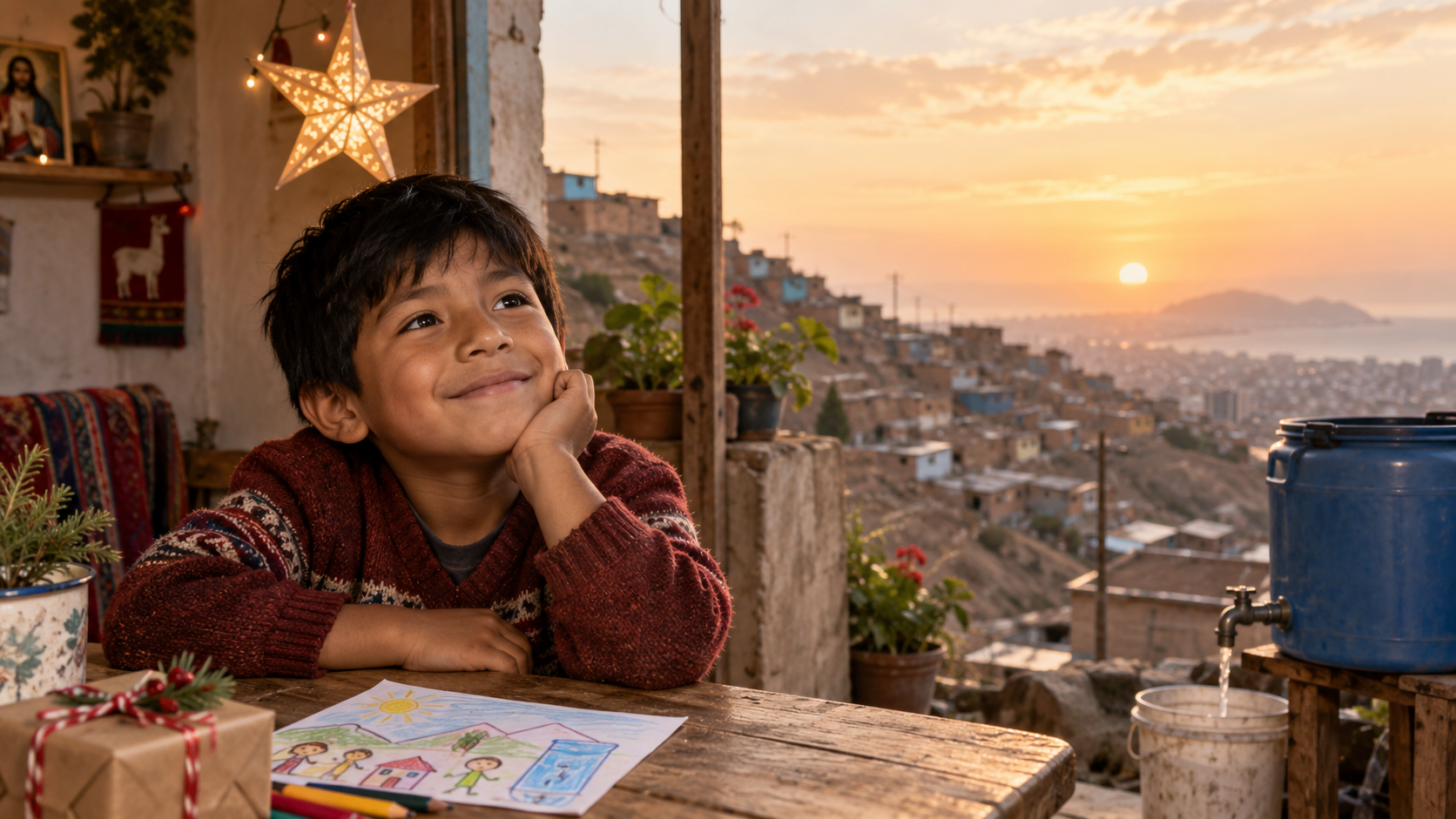 A boy smiling at a wooden table with a child's drawing and Christmas decorations, overlooking a hillside community in Lima at sunset